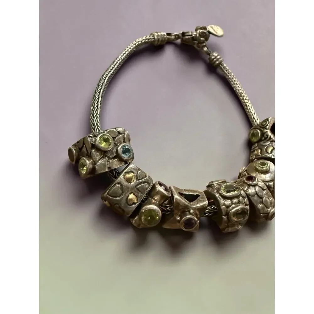 Samuel B 925 Sterling Silver Wheat Chain Gemstone Charm Bracelet Boho 9